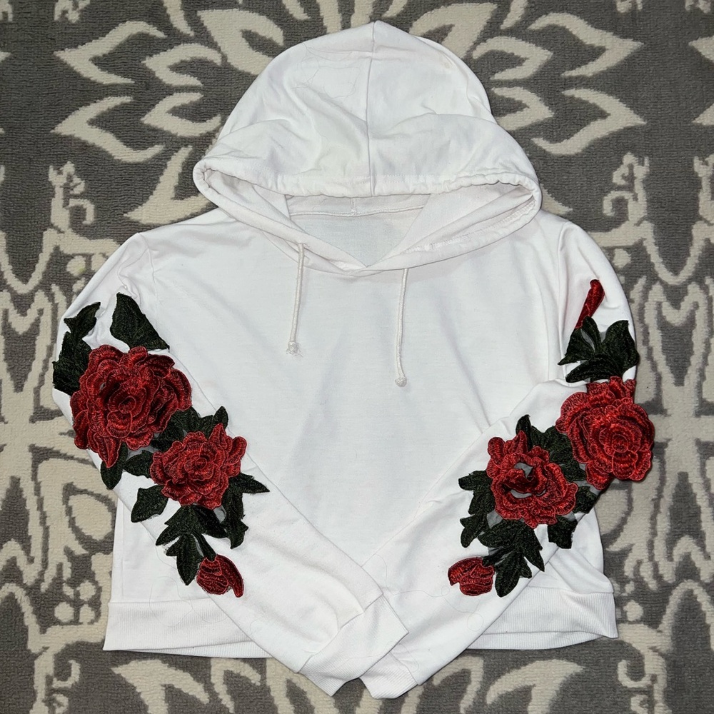 White Red Rose Hoodie Sleeve Shein Cropped Size XL